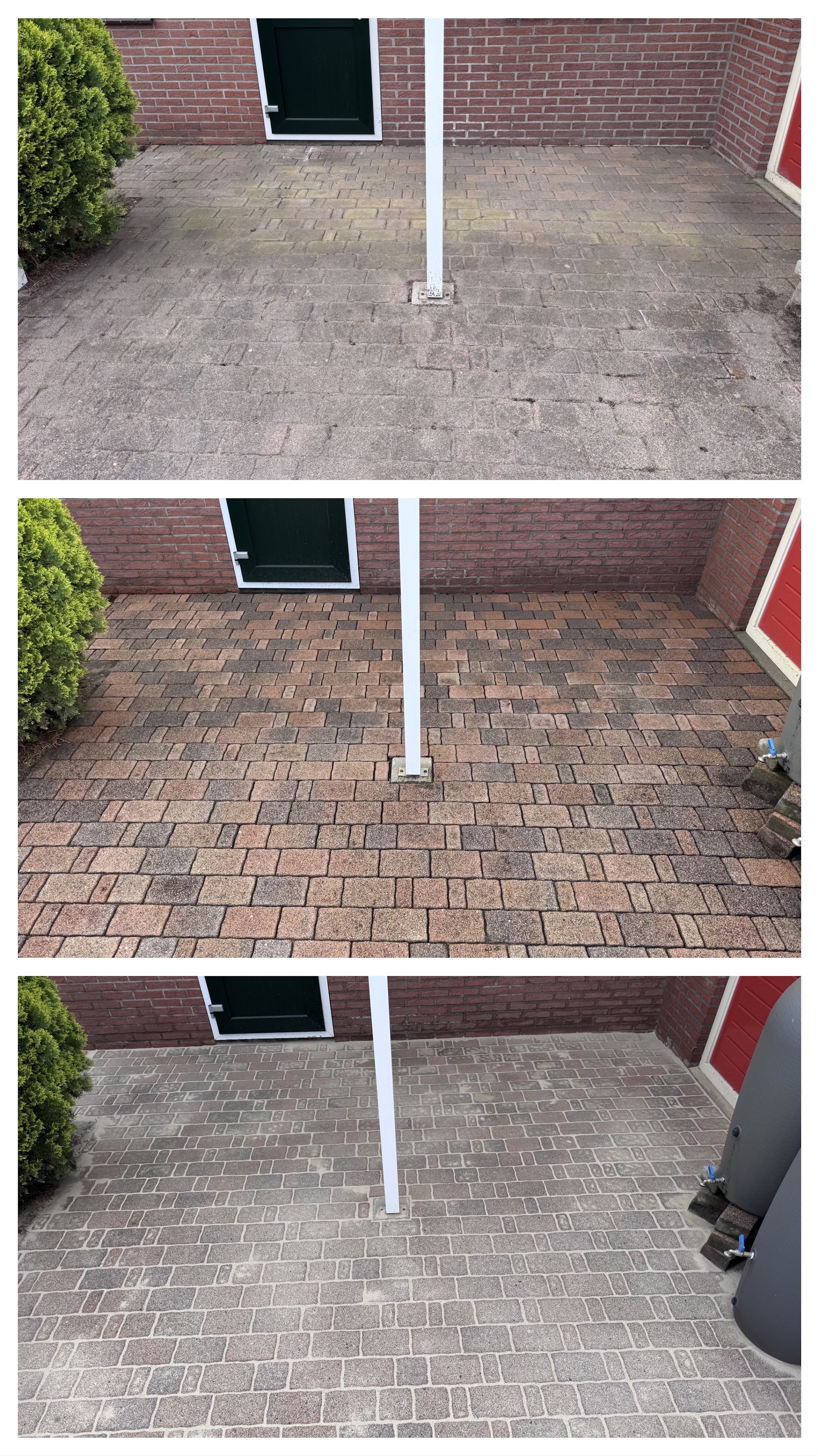 Voor en na van een gereinigd terras, drie stappen